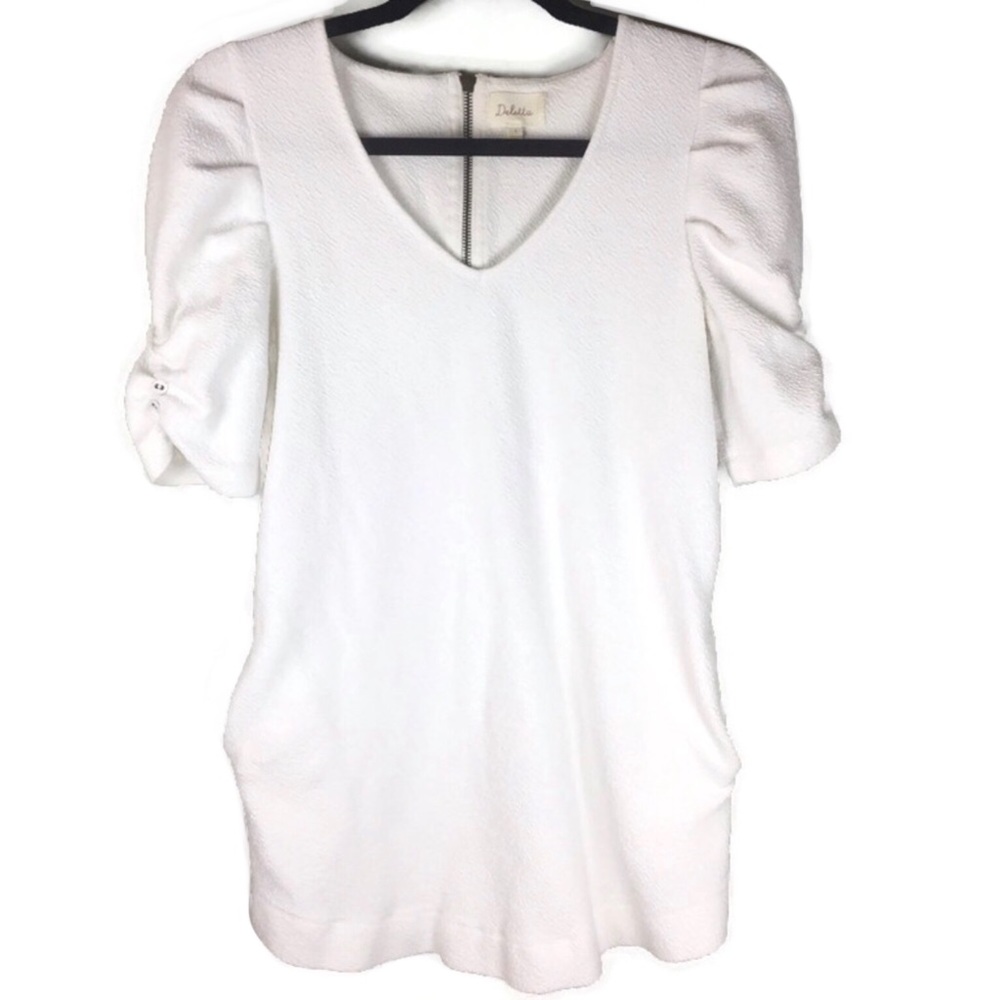 Anthropologie Deletta Ruched Gathered Sleeve V Neck White Tunic Size Small